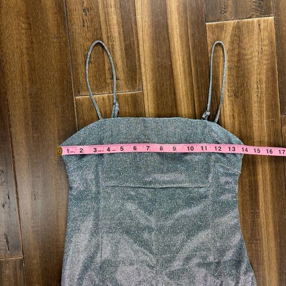 Size S Urban Outfitters Metallic Silver Tinsel Mini Dress Thin Straps y2k Square - Picture 2 of 13